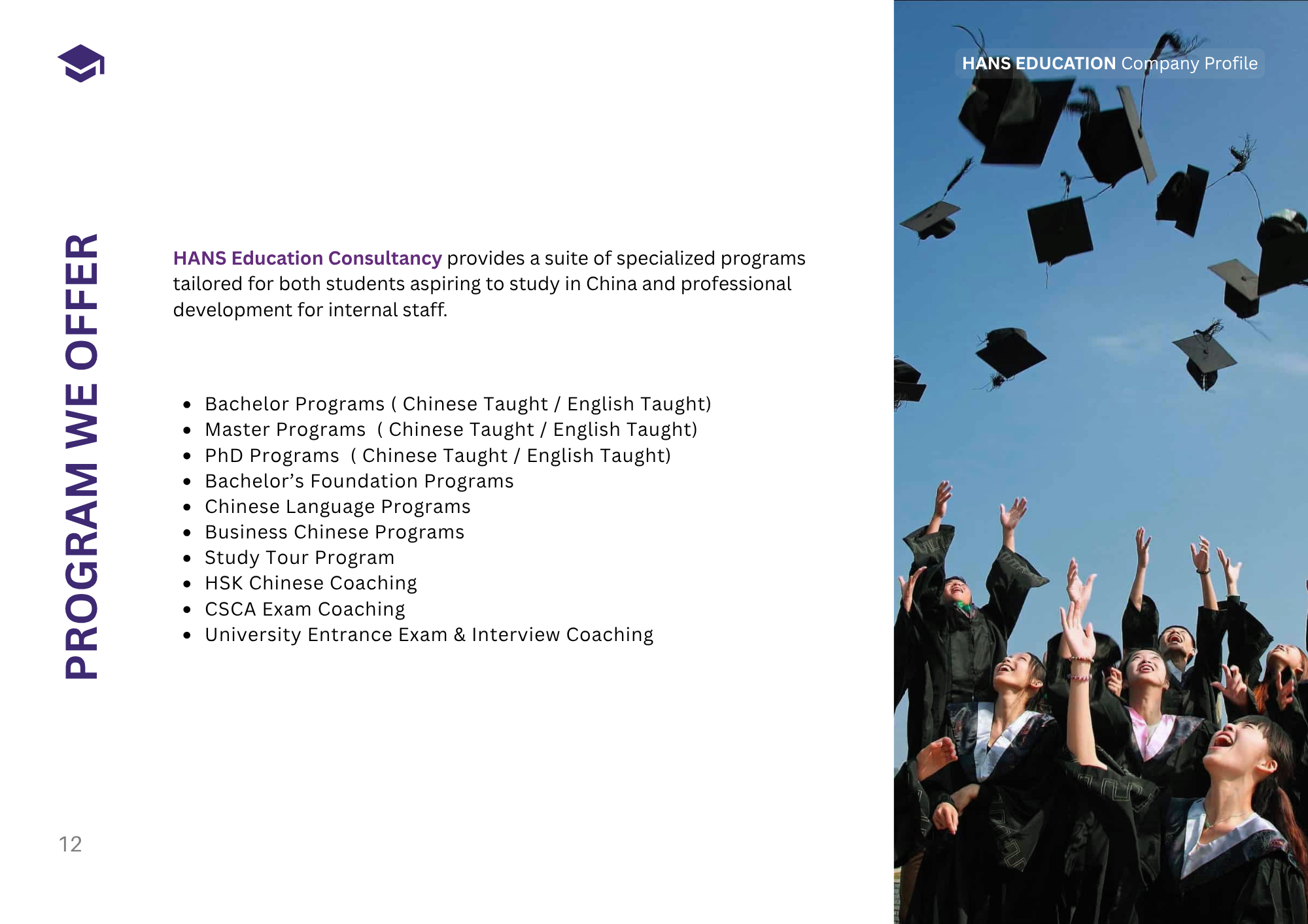 HansEDU program offer list including degree programs, Chinese language, HSK, CSCA, and coaching
